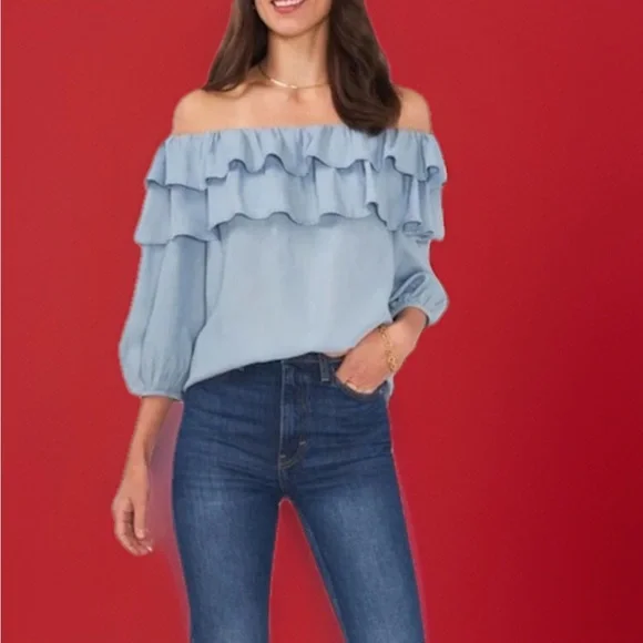 Sam and Jess Double Ruffle Off The Shoulder Blouse Light Blue Chambray Size XSP - Picture 2 of 13